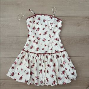 White Floral Spaghetti-Strap Mini Dress with Red Rose Print